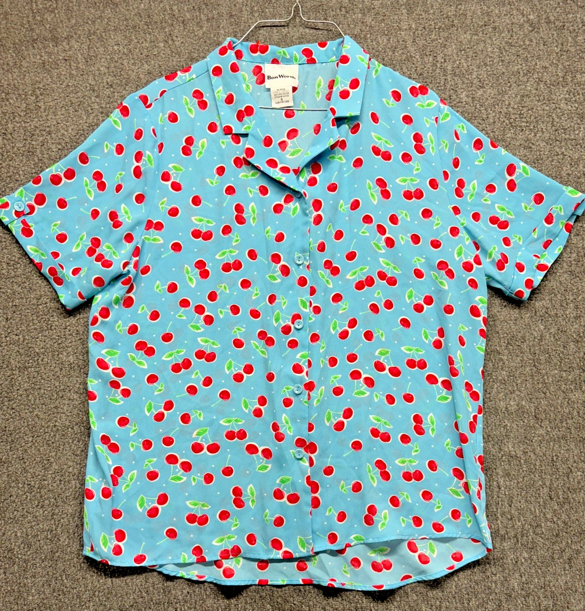 VTG BonWorth Button Up Women S Blue Red Cherry Rockabilly