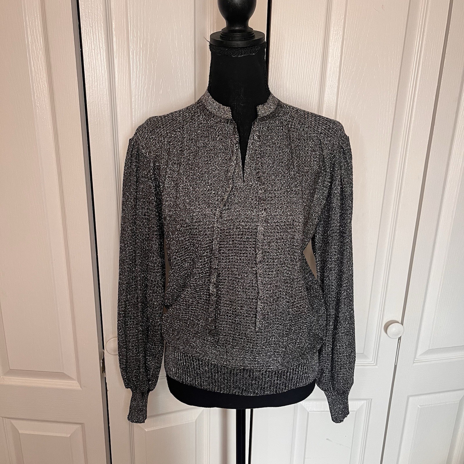 Vintage 70s JOYCE Metallic Knit Blouse Sz M Black Silver Glam Disco Boho Tie