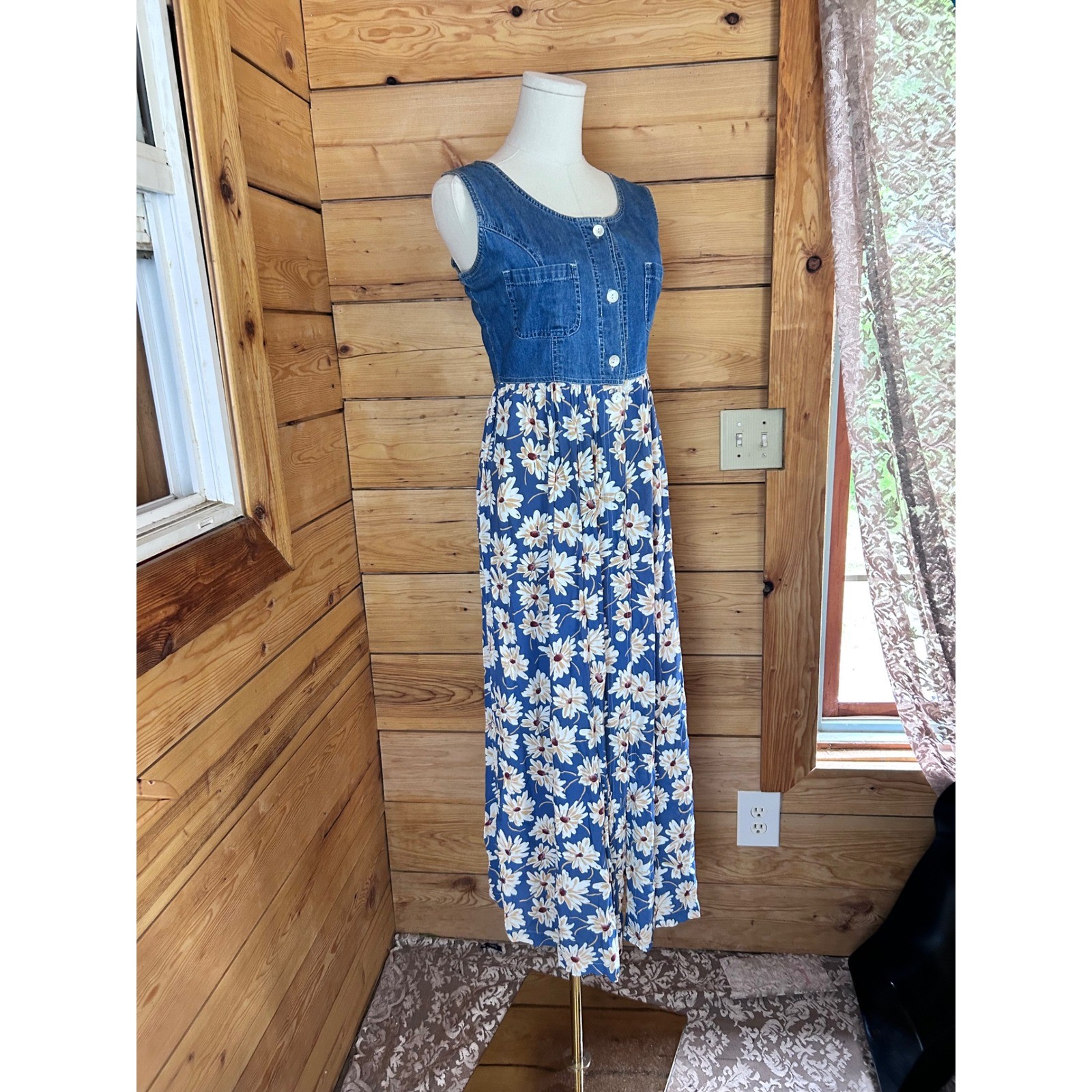 Vintage Denim Daisy Print Maxi Dress Womens Large Blue 90s Grunge Cottagecore