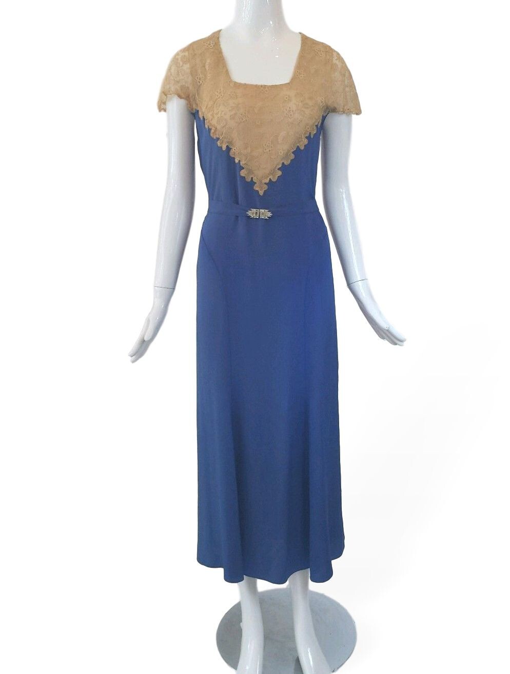 Vintage 30s Dress in Cornflower Blue With Lace – sm, med