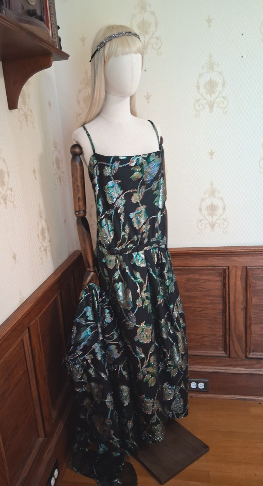 Vintage 1980s Handmade 2 Piece Green Lurex Disco Gatsby Hostess Dress, XL-Plus