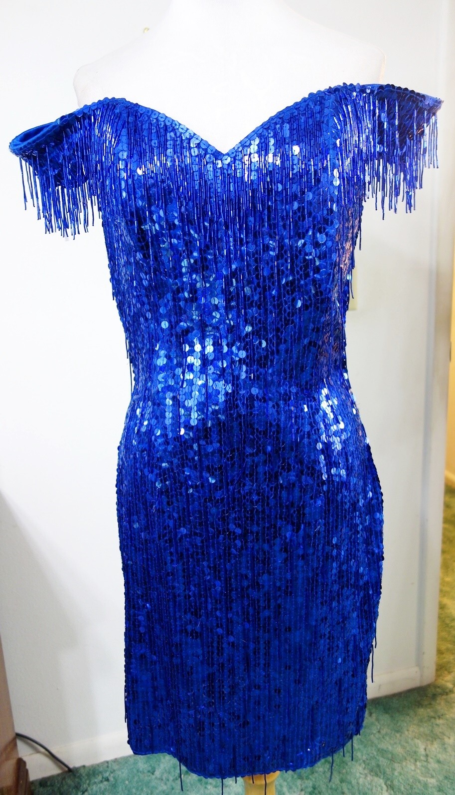 NADINE M Dress Blue Sequins Beaded Fringe Stretch Cocktail Prom Party VINTAGE