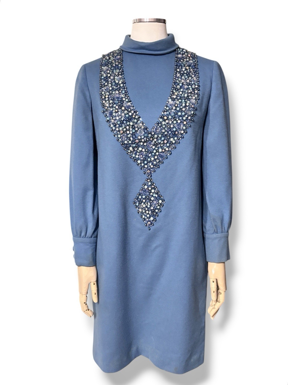 COLONIAL TRADING CO. Baby Blue Turtleneck Cocktail Dress Beaded Front VINTAGE