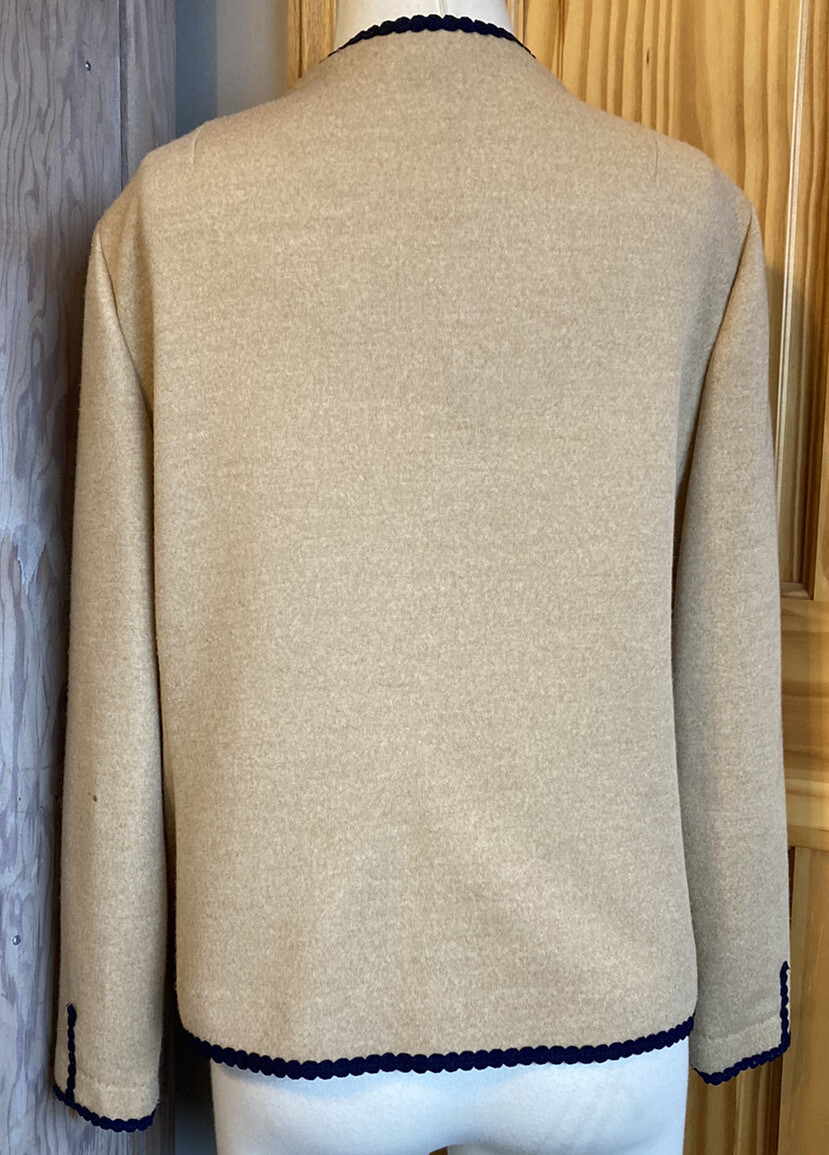 Vintage Cardigan Sweater Jacket Open Camel Brown Navy Blue Trim Shoulder Pad EUC