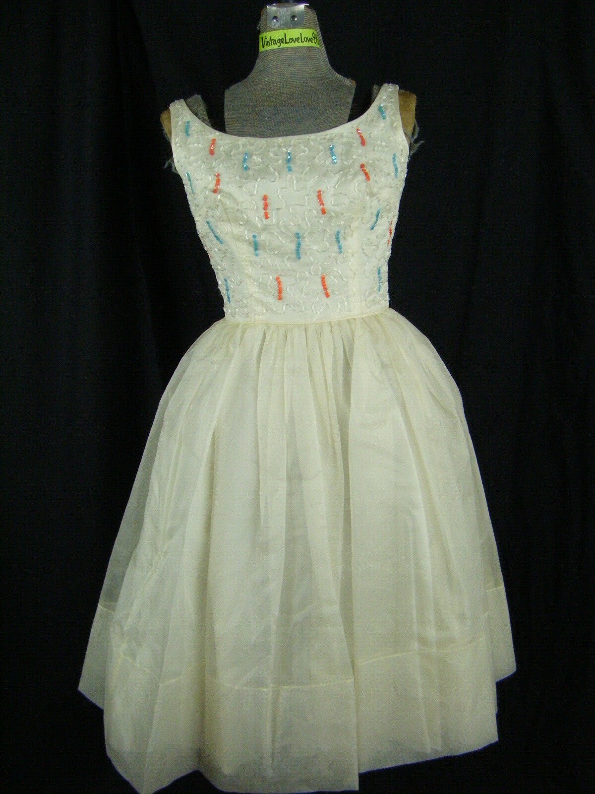 CAREER GIRL Vtg 50s Ivory Crepe/Coral Blue Sequin Beaded Party Dress-Bust 31/2XS