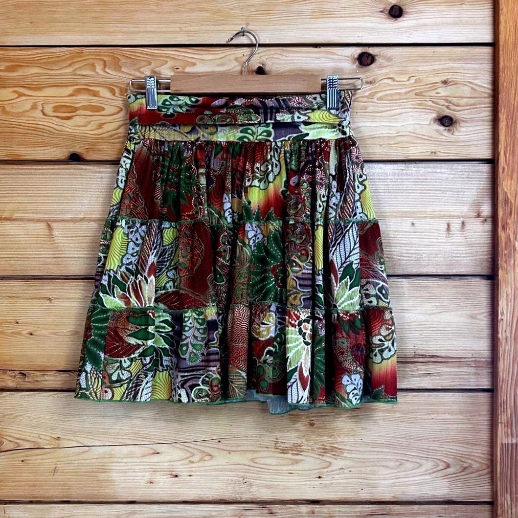 Vintage Mini Skirt Women Large Green Yellow Floral Boho Amy&rsquo;s Closet Rare Unique