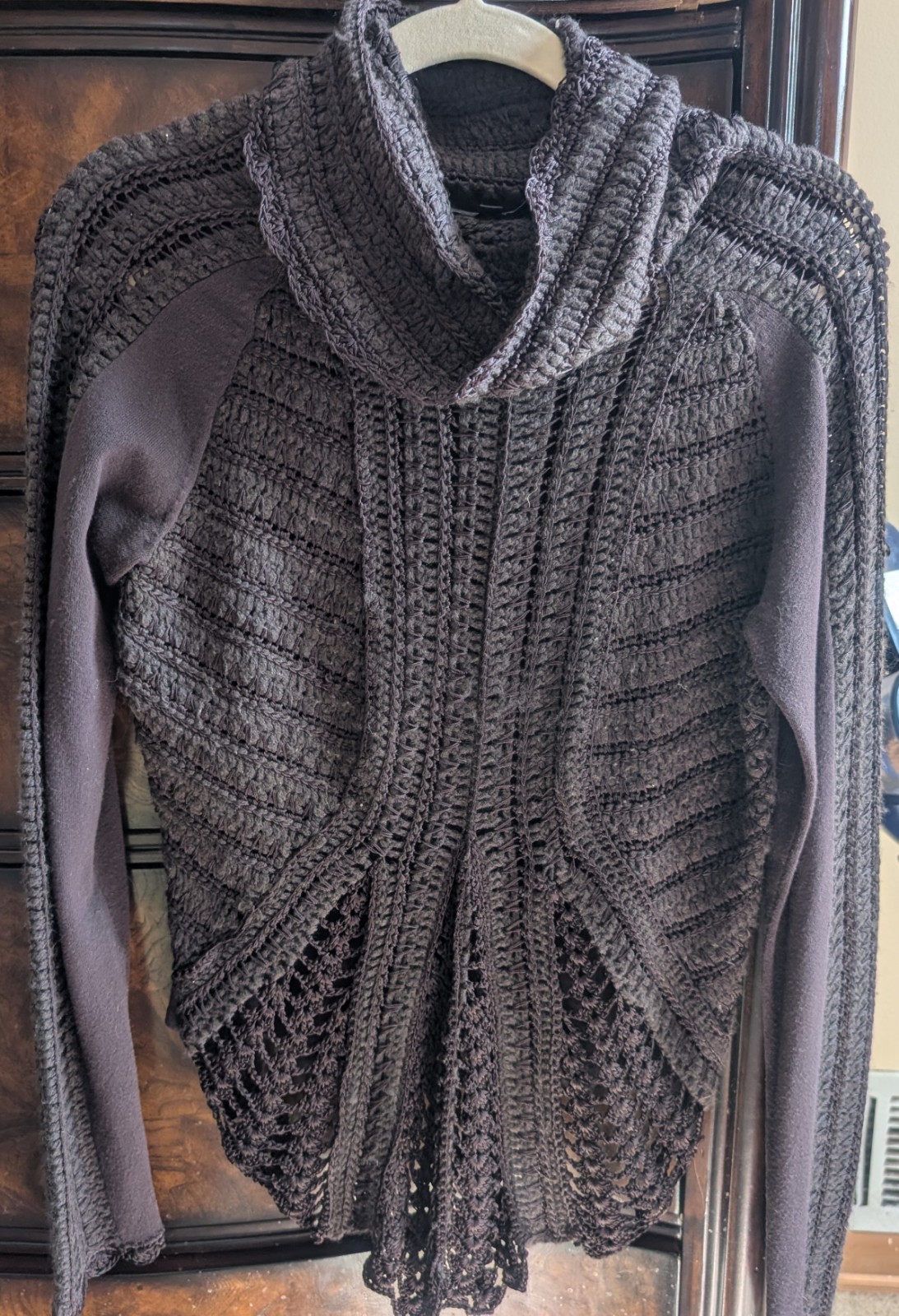 Brown Crochet Open Knit Turtleneck Pullover Sweater , Fall/ Spring, Winter