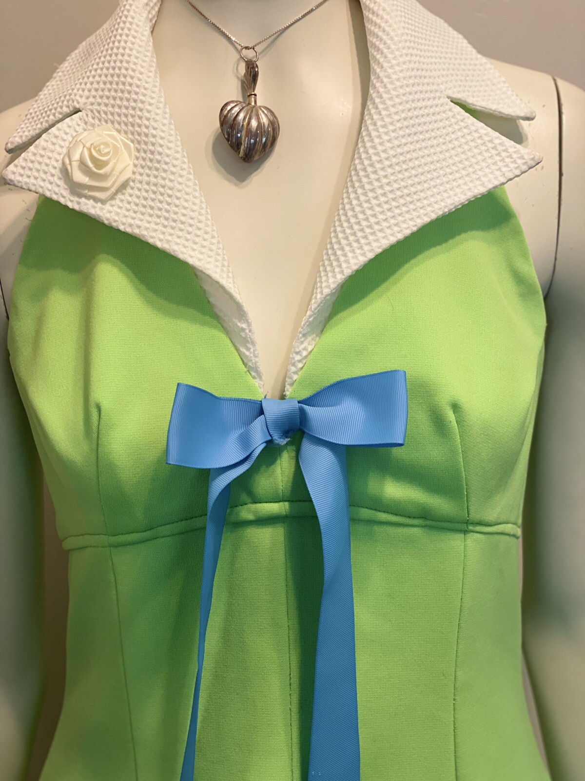 Vintage 60’s 70’s Lime Green Retro Halter Lapel A-line Mini Disco Sport SunDress