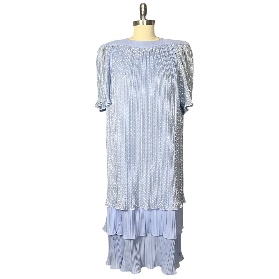 Vintage 80s Risa Ann Baby Blue Shimmer Pleated Tiered Dress S/M
