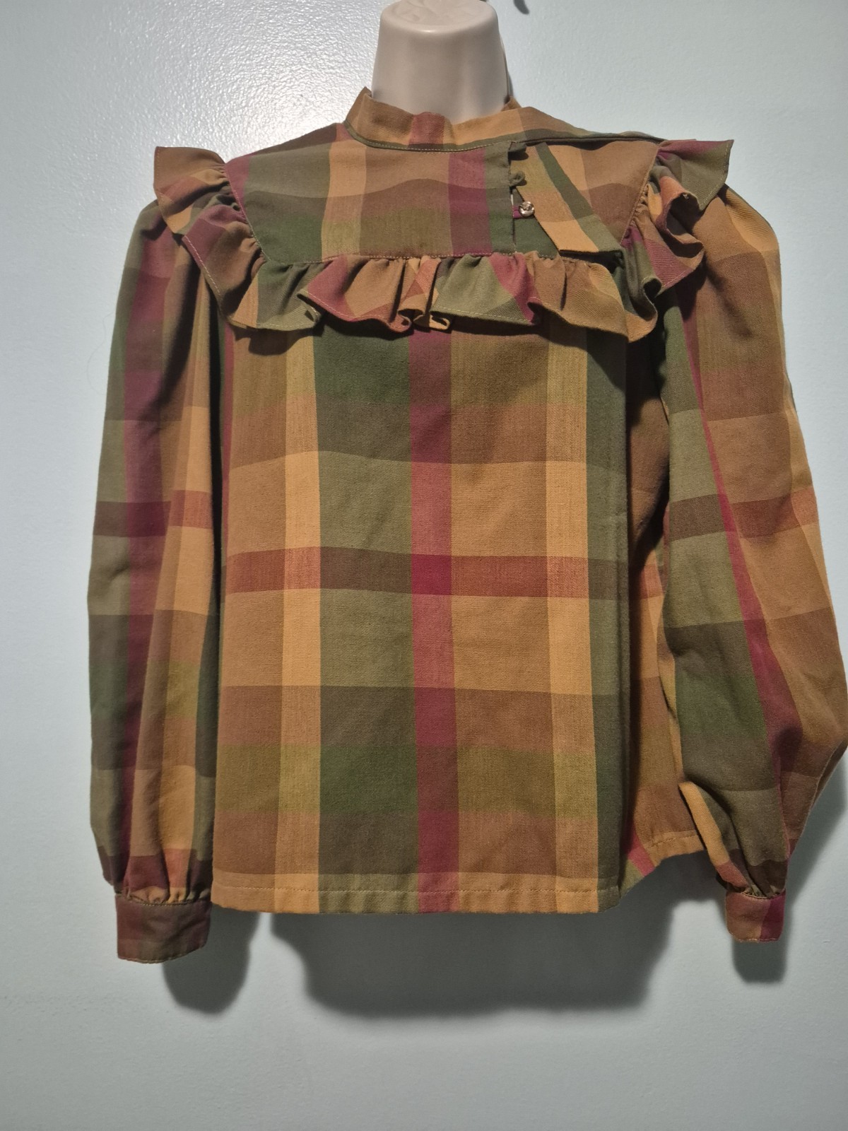 Vintage 1980s Tomboy Muted Plaid Ruffle Top Women&rsquo;s Sz 11 Classic Preppy