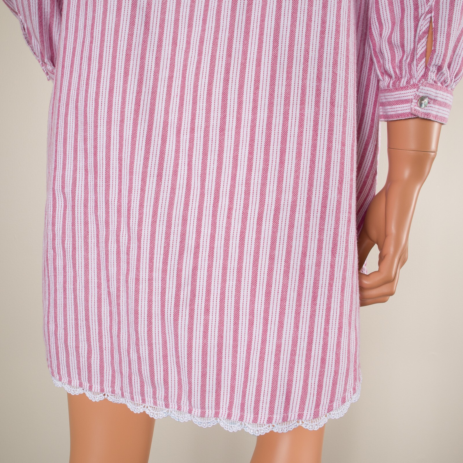 💖 EILEEN WEST Red Pin Striped Flannel Nightgown Long Sleeve Pockets Pintucks XS