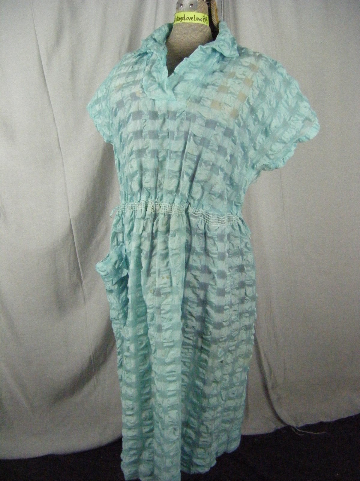 Vtg 60s Semi Sheer Light Blue Seer Sucker Dress-Bust 42/M, AS-IS