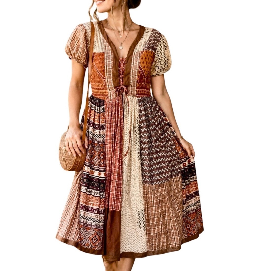 Vintage St Tropez India Patchwork Cotton Peasant Babydoll Midi Dress L Boho