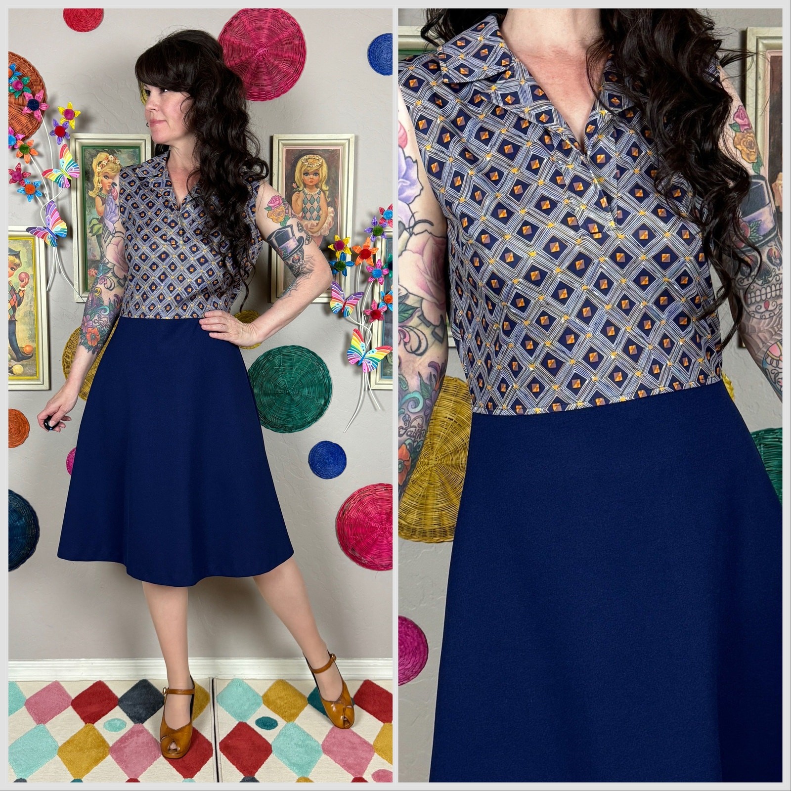 Vintage 1970s Blue Sleeveless Collar A-Line Minidress | 30&Prime; Waist