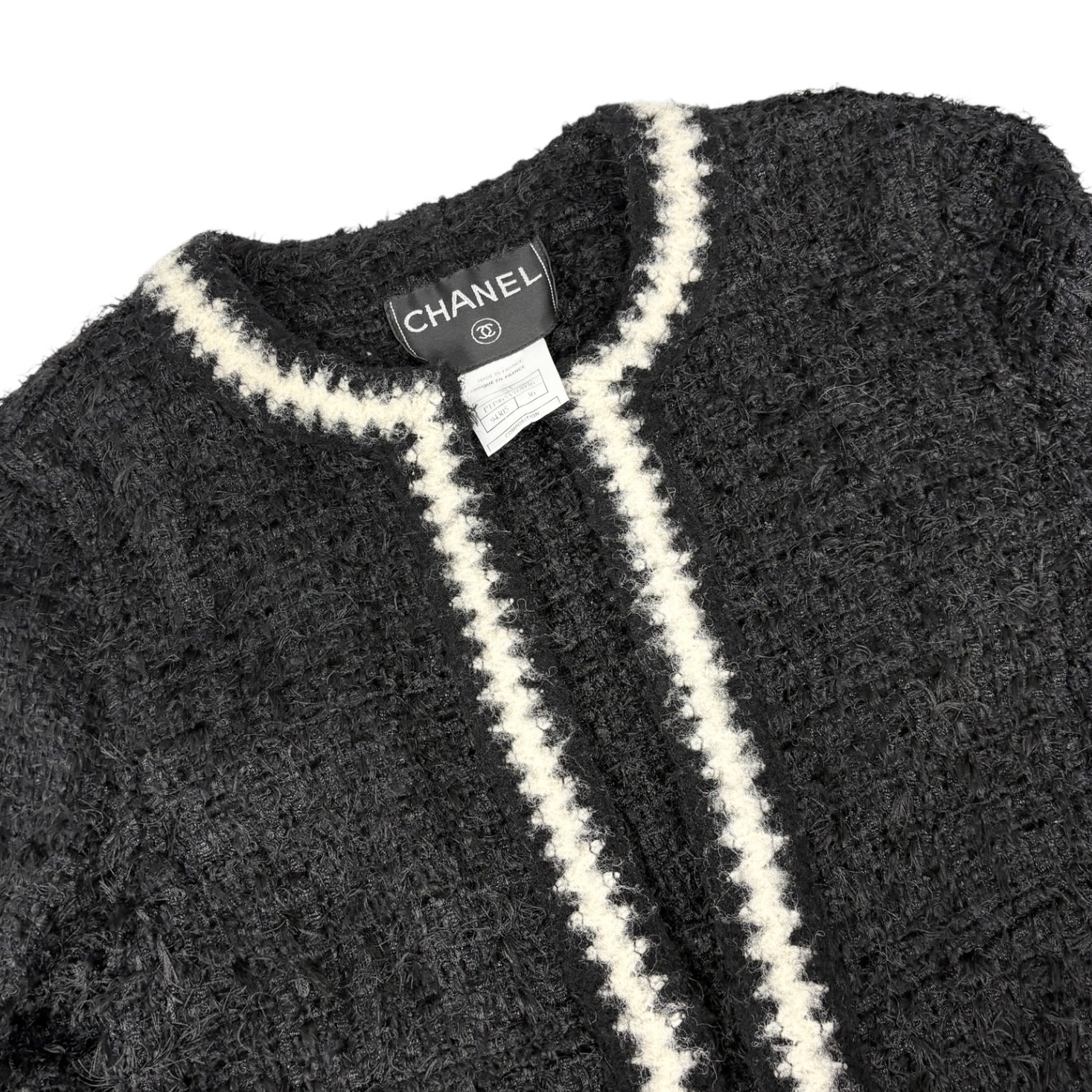 CHANEL Vintage 98A Tweed Jacket Top CC Logo Button #36 Black White Polyester