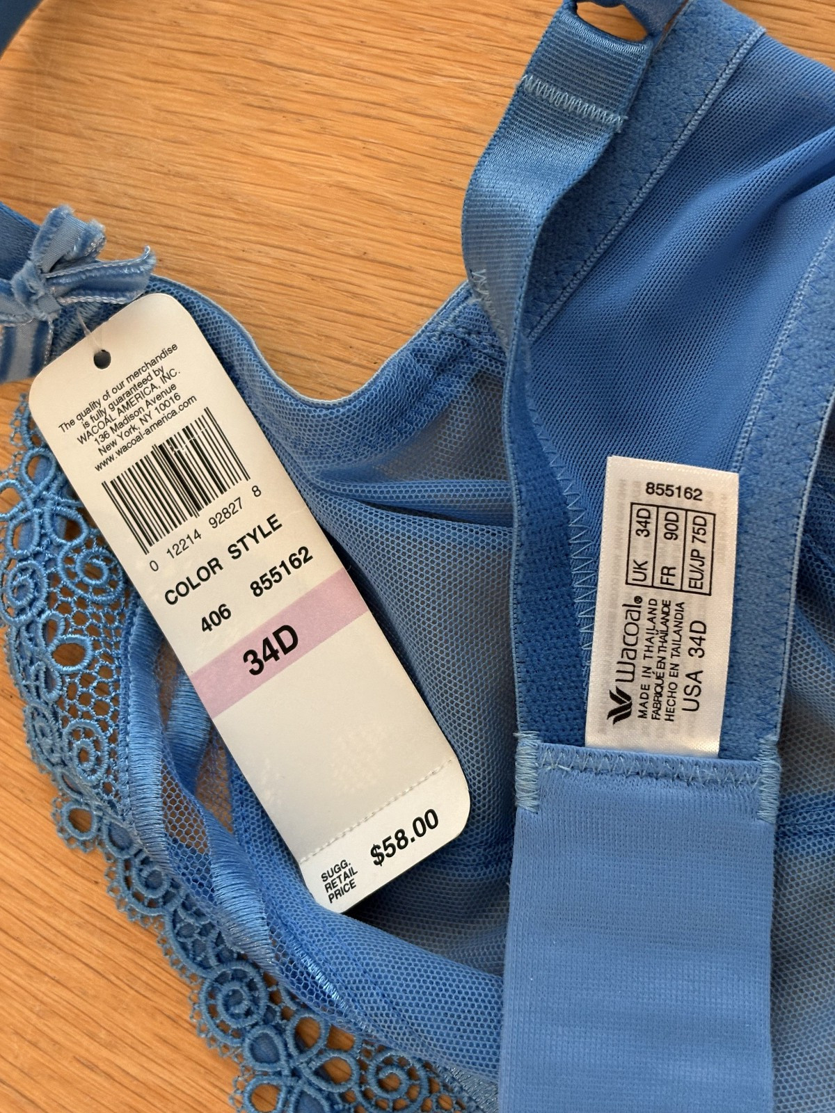 Wacoal 34D Blue Sheer Lace DELICATE NOTIONS Underwire Bra #855162 VINTAGE NWT
