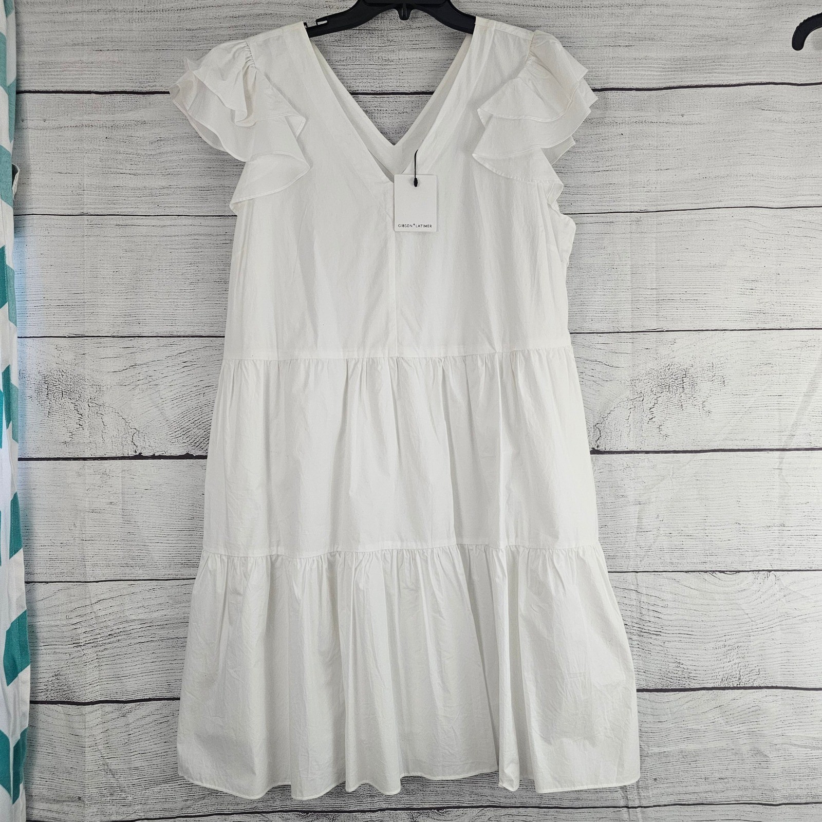 Gibson Latimer XL White Cotton V-Neck Flutter Cap Sleeve Dress – NWT 1507