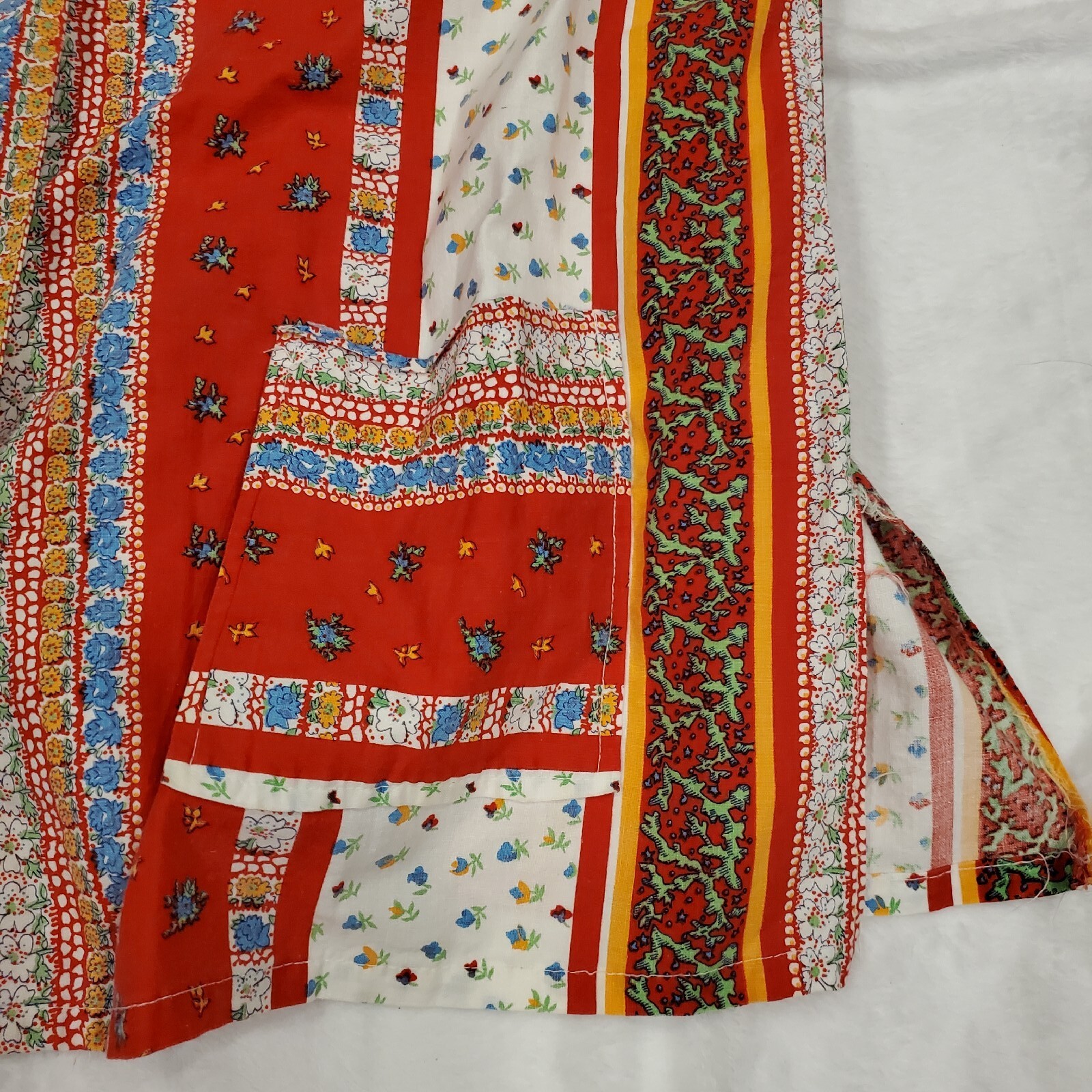 Vintage 70s Red Boho Belted Tunic Collared Smock Sleeveless Floral Shirt L/XL