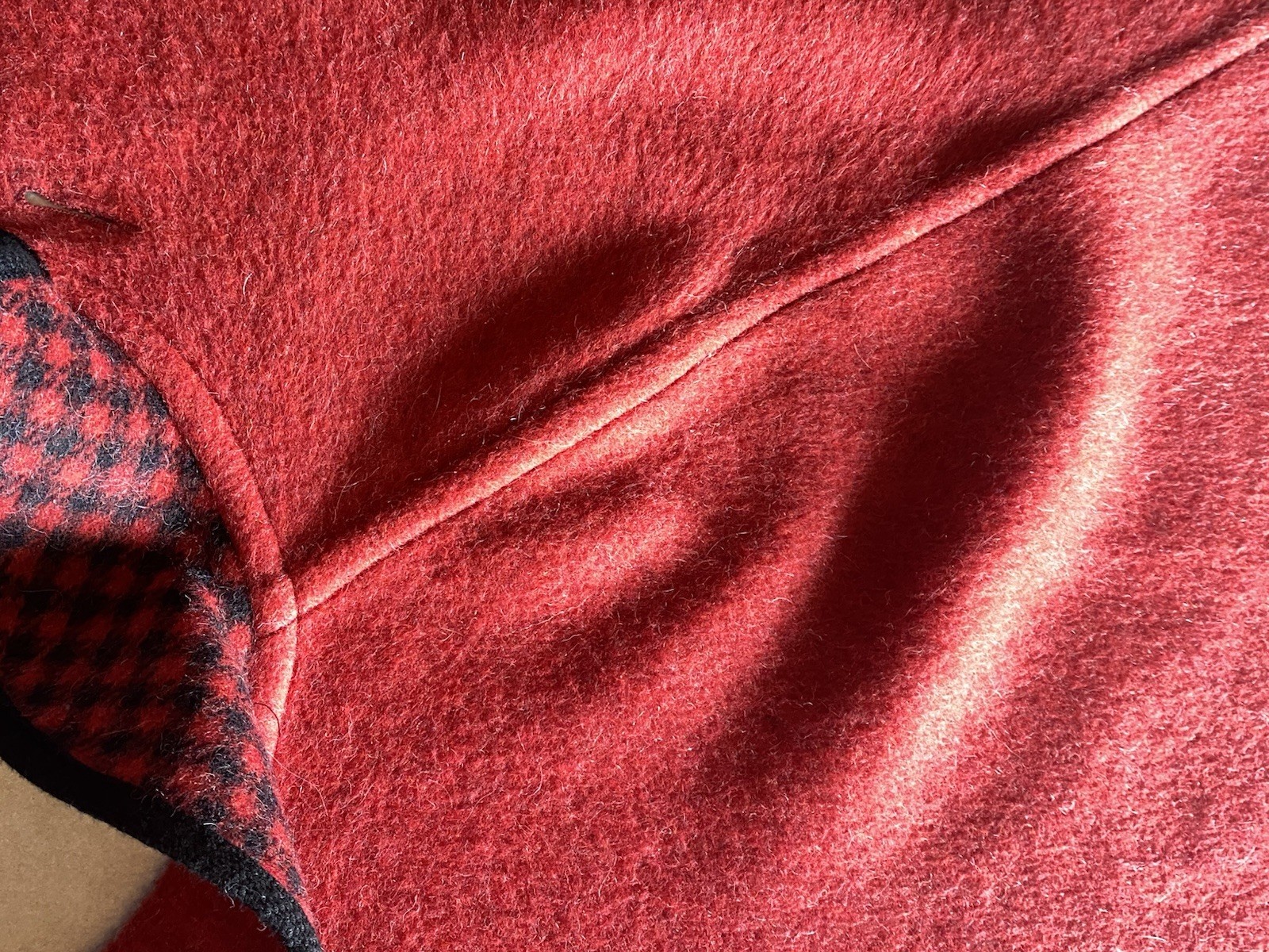 Vintage Wool Cape Red Black Reversible Solid Tartan Plaid Cloak Austrian Buttons