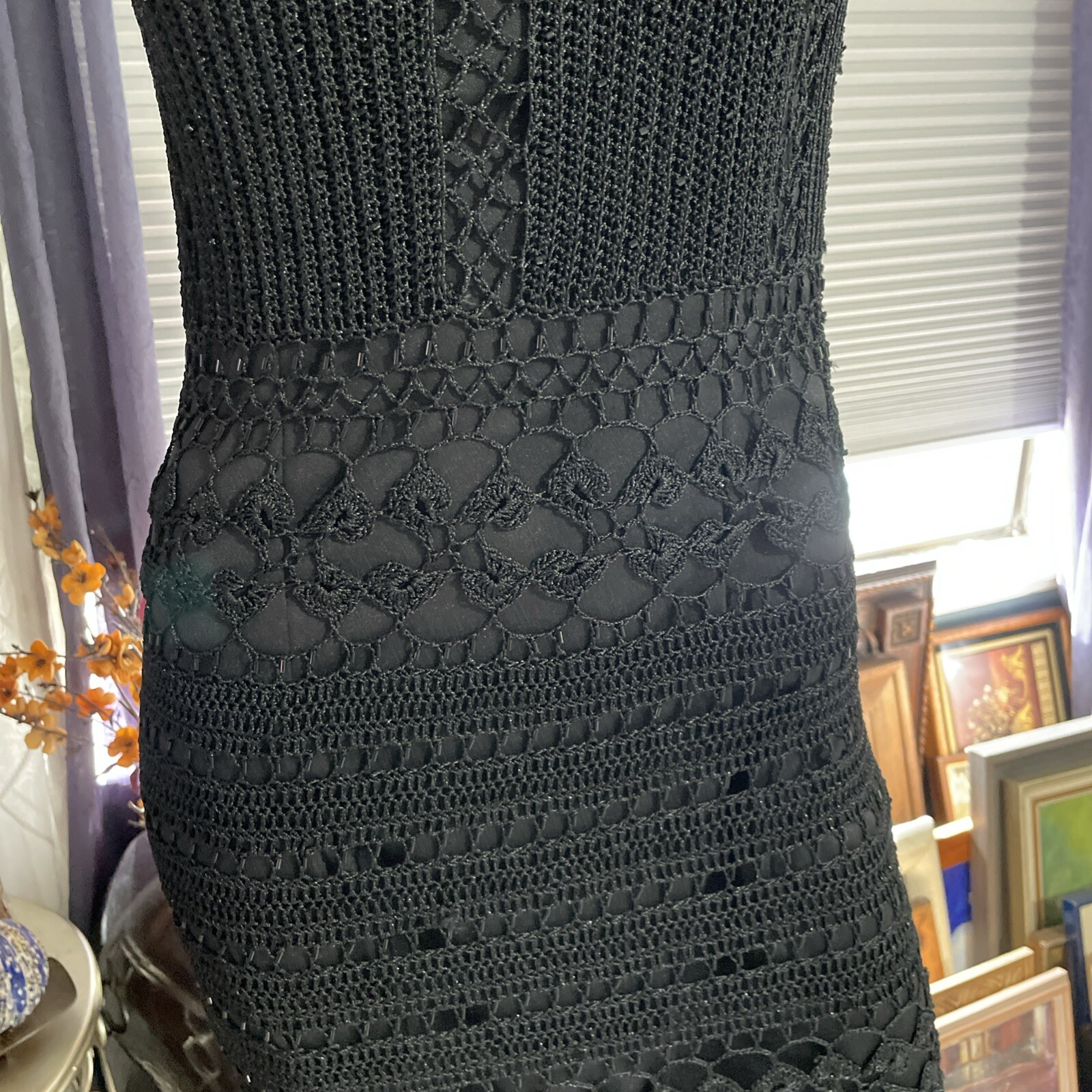 Gorgeous Vintage CACHÉ Black Beaded Crochet Knit Midi Dress XS/S/M