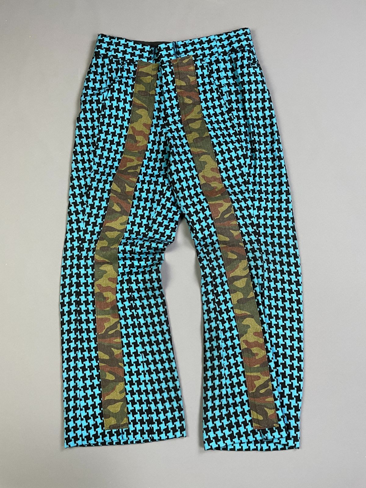 Comme Des Garcon 1990S CHUNKY WOVEN HOUNDSTOOTH & CAMO LIGHT FLARE TROUSERS Blue