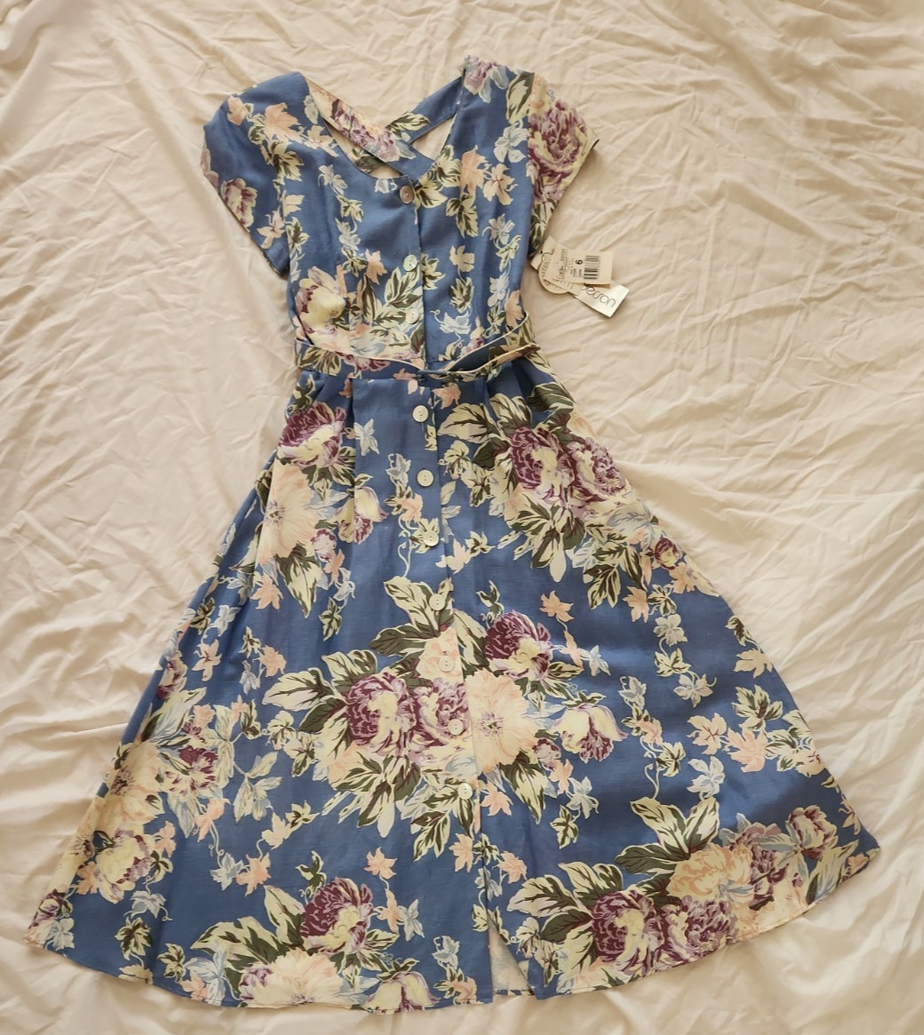 VTG NWT Womens P6 Sundress Tea Dress 80&rsquo;s Blue Floral Cottagecore Unworn USA