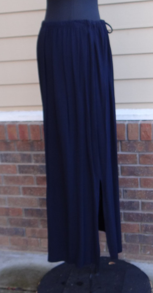 Cynthia Max Navy Long Pencil Side Slits Draw String Elastic Large Rayon Skirt
