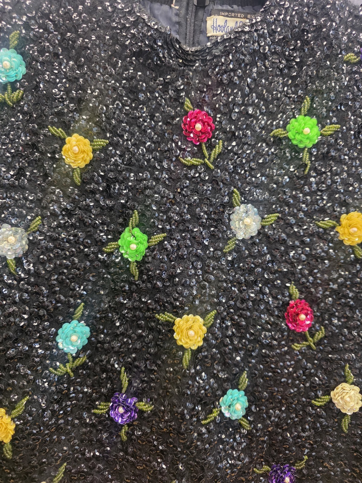 Hovland-Swanson 1960s Beaded Blouse Sequins Flowers RARE Sz 38 Mod Wool & Angora