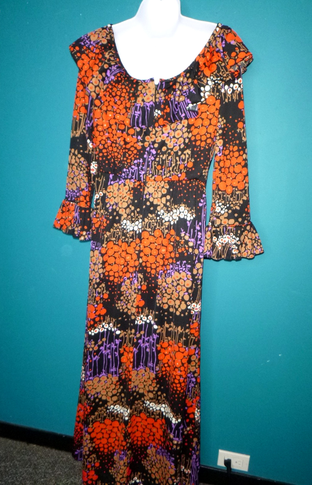 Vtg 70s Dynasty Stretch Poly MOD Maxi Dress Stylized Floral Sz S/M Hong Kong