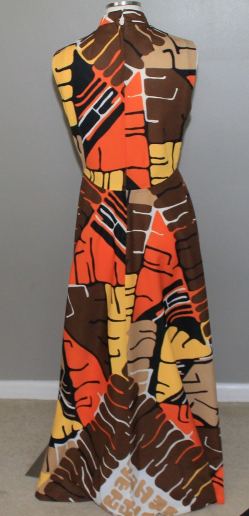 Vintage 70s Mod Maxi Dress Psychedelic Brown Orange Yellow Hippie Hawaiian Small