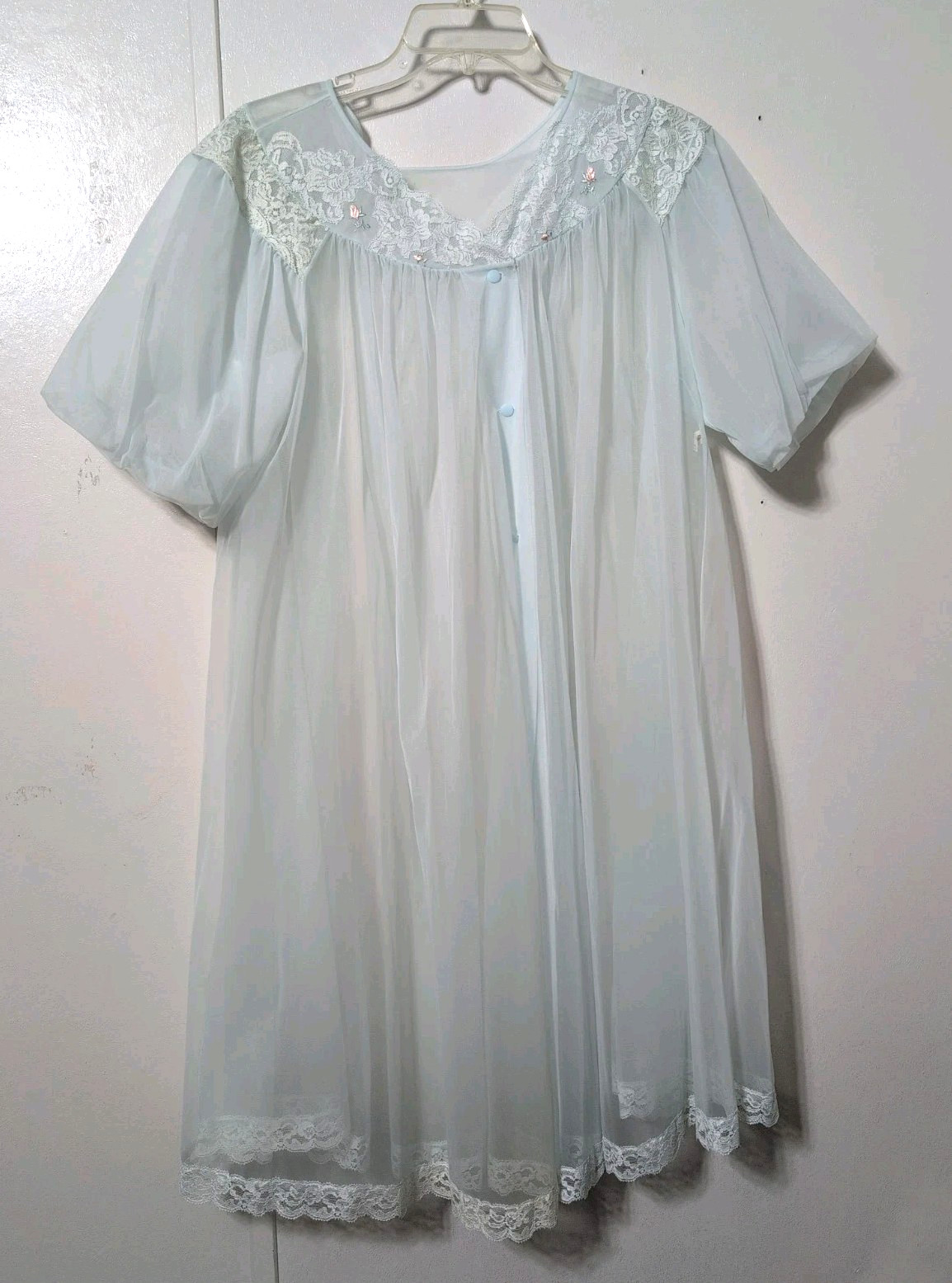 Vtg Shadowline Light Blue Nylon Lace Chiffon Robe Sheer Sz Large