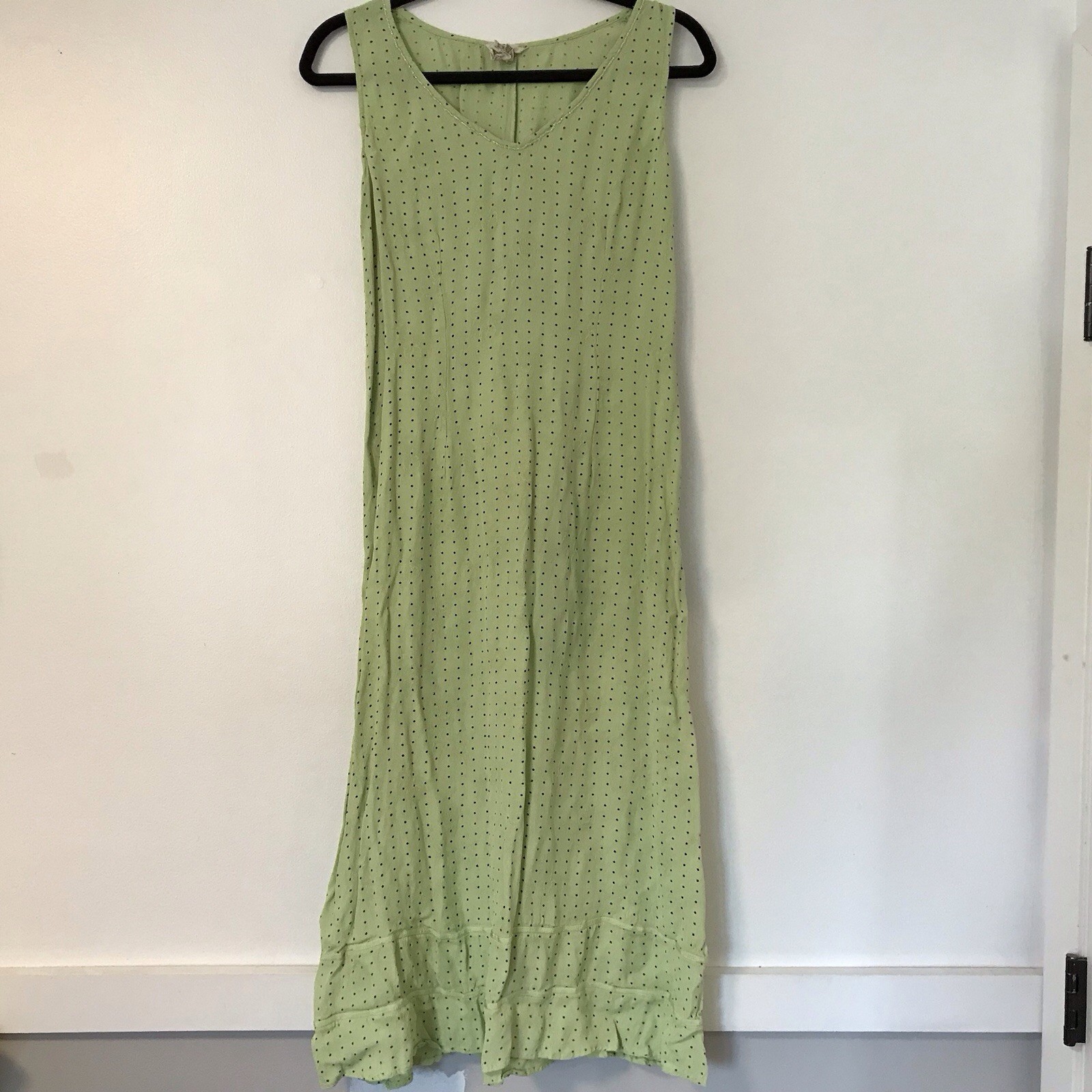 April Cornell Vintage 90s Sleeveless Dress Lime Green w/ Polka Dots Size S