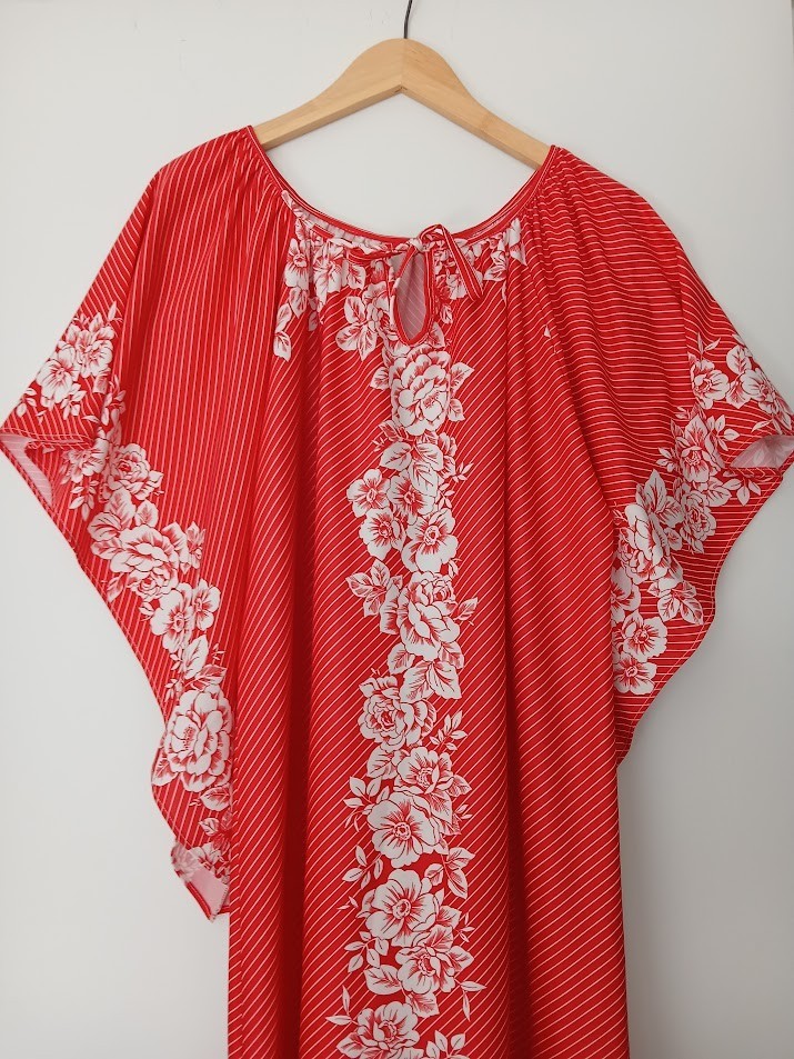 Vintage Custom Made Caftan Bright Coral White Floral