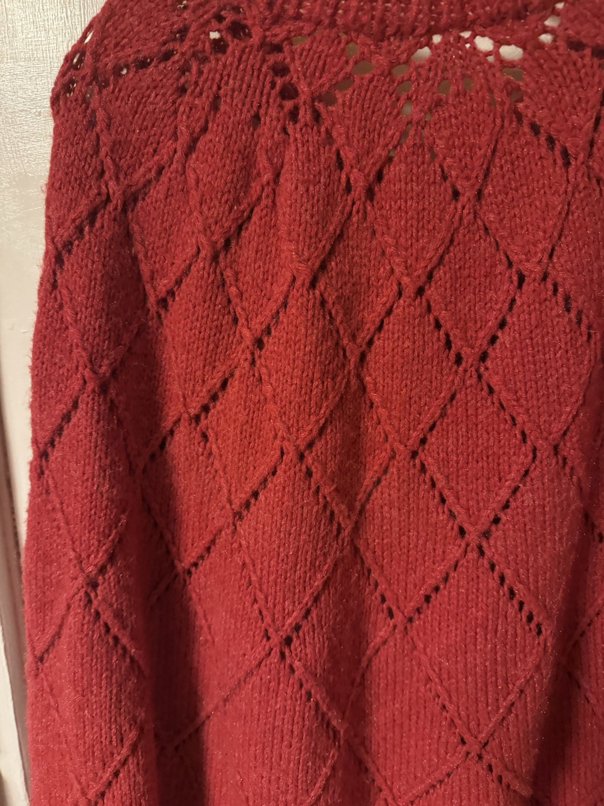 Vintage 1960-1970’s Red Hand Knit One Of A Kind Caplete With Fringe DiamondLace