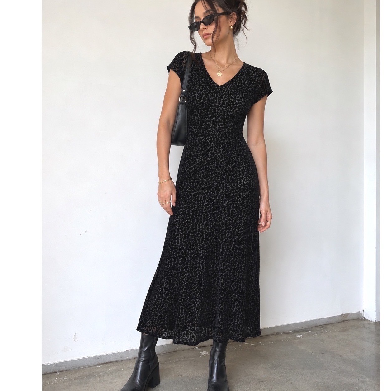 Paparazzi Burnout Velvet Animal Print V-Neck Maxi Dress Black 90s Size Small