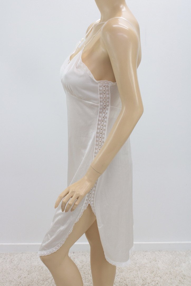 Vintage Full Slip sz 38 White Nylon Lace Trim Down Side Satin Straps USA