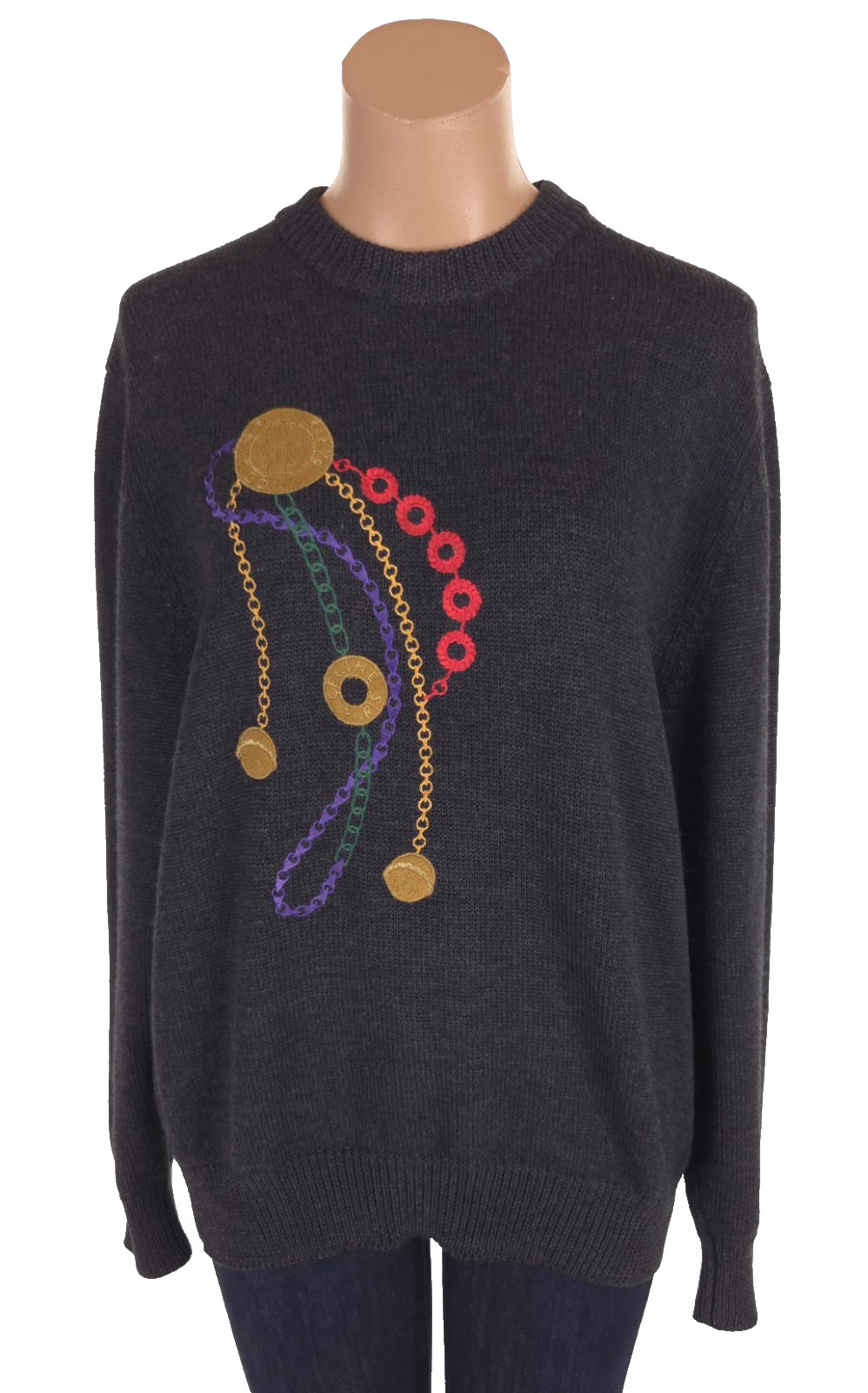 Vintage 80s/90s Celine Paris Baroque Sweater Size 46 L Embroidered Logo Gray