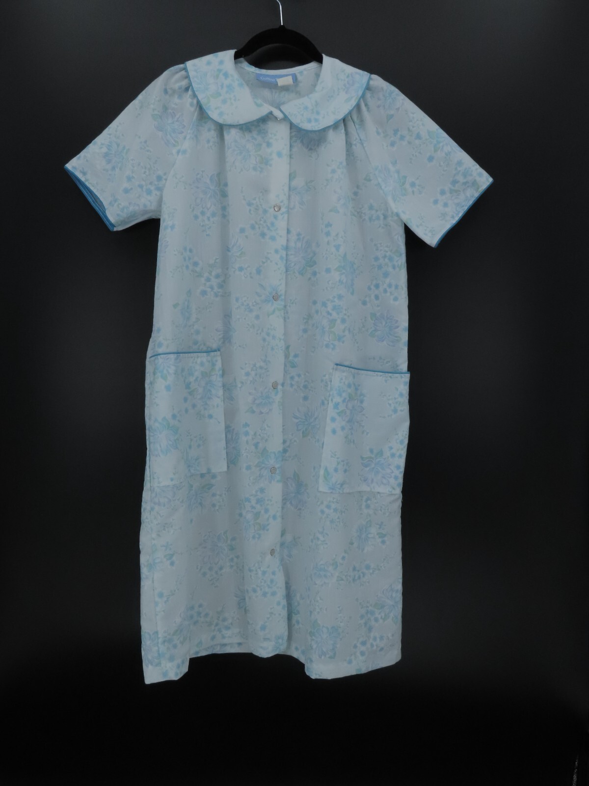 Vintage Blue Floral Coffee Time Porch Dress Mumu Snap Pajamas Sz M USA