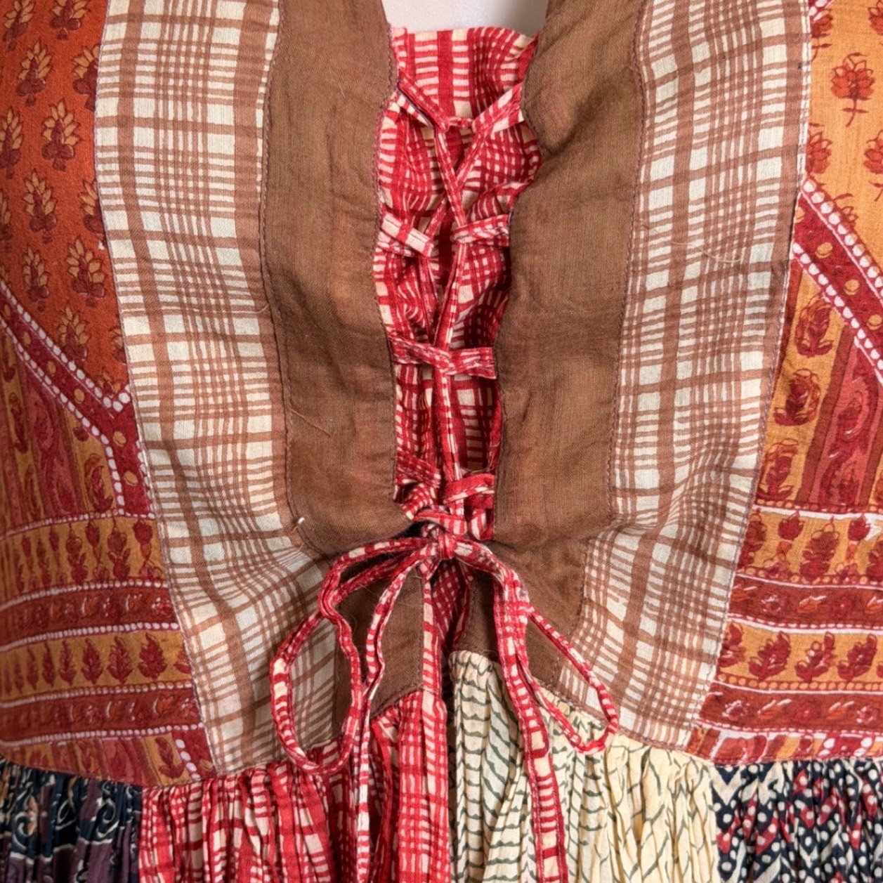 Vintage St Tropez India Patchwork Cotton Peasant Babydoll Midi Dress L Boho