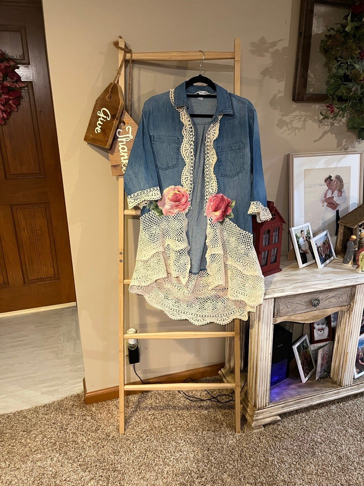 Upcycled by Melissa Denim Lace Jacket Dress Roses Cottagecore