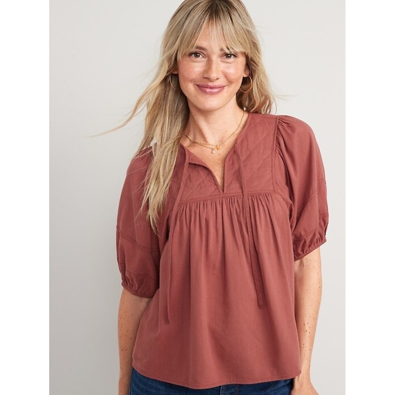 Old navy puff sleeve split neck quilted swing blouse rust orange size large