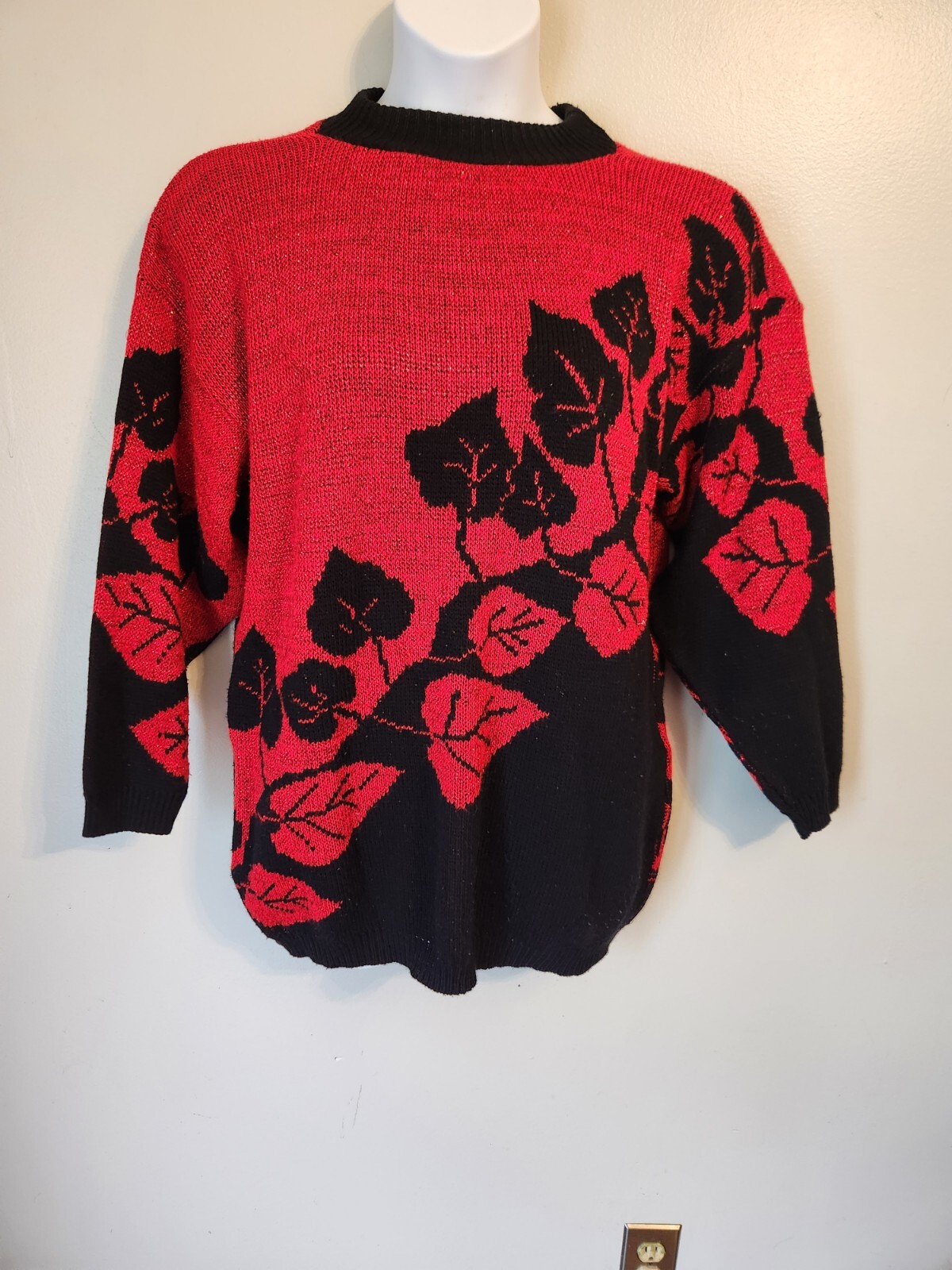 Vintage 80s Arielle Red Black Leaf Print Gothic Sweater No Size Tag