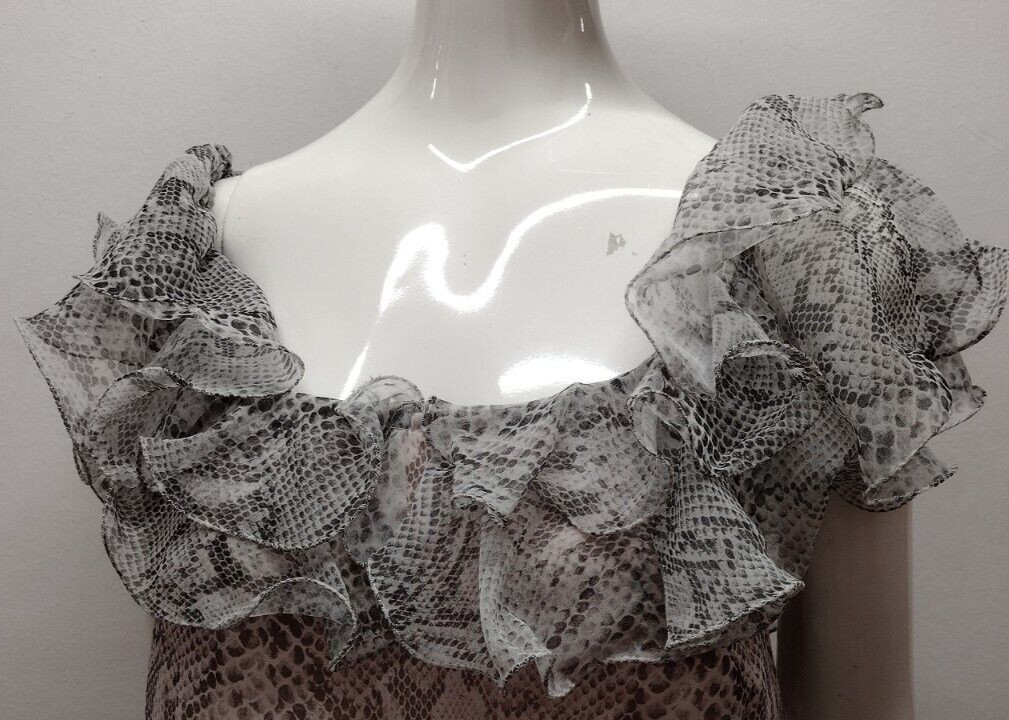 Vintage 80s Gray Snakeskin Chiffon Dress Ruffles Flamboyant Dolly Busty Size S/M