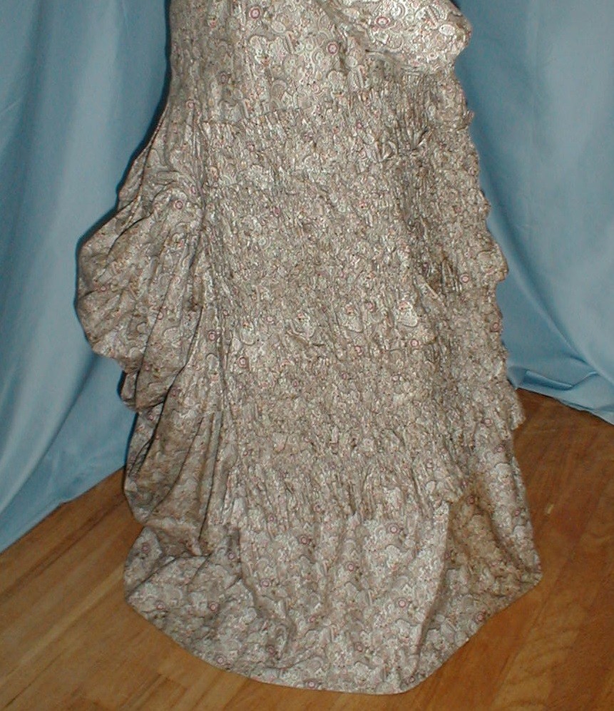 Charming Antique Bustle Dress Victorian 1880 Beige Printed Cotton