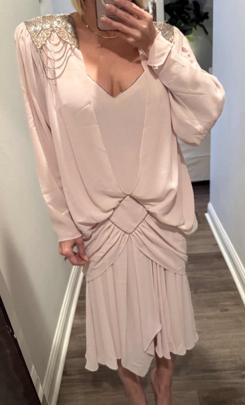 Vintage 1982 Eletra Casadei Blush Pink Chiffon Beaded Dress 80s Golden Girls M