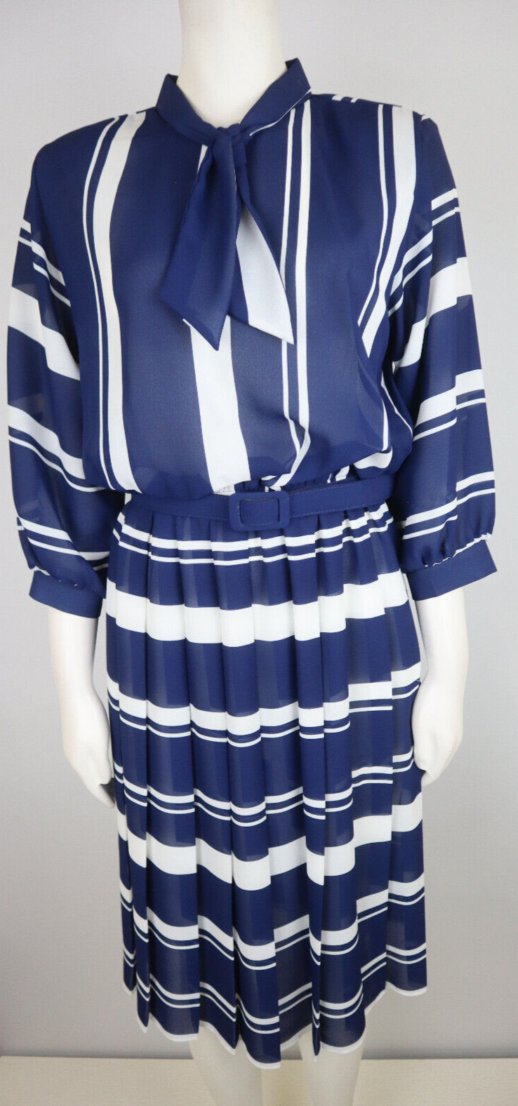VINTAGE WOMEN&rsquo;S SHEER BLUE STRIPED BELTED DRESS – LADY CAROL – SIZE 10P