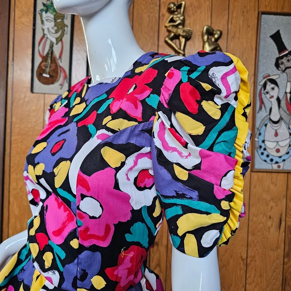 Vintage 80s Abstract Floral Postmodern Dynasty Cocktail Party Wiggle Dress S/M