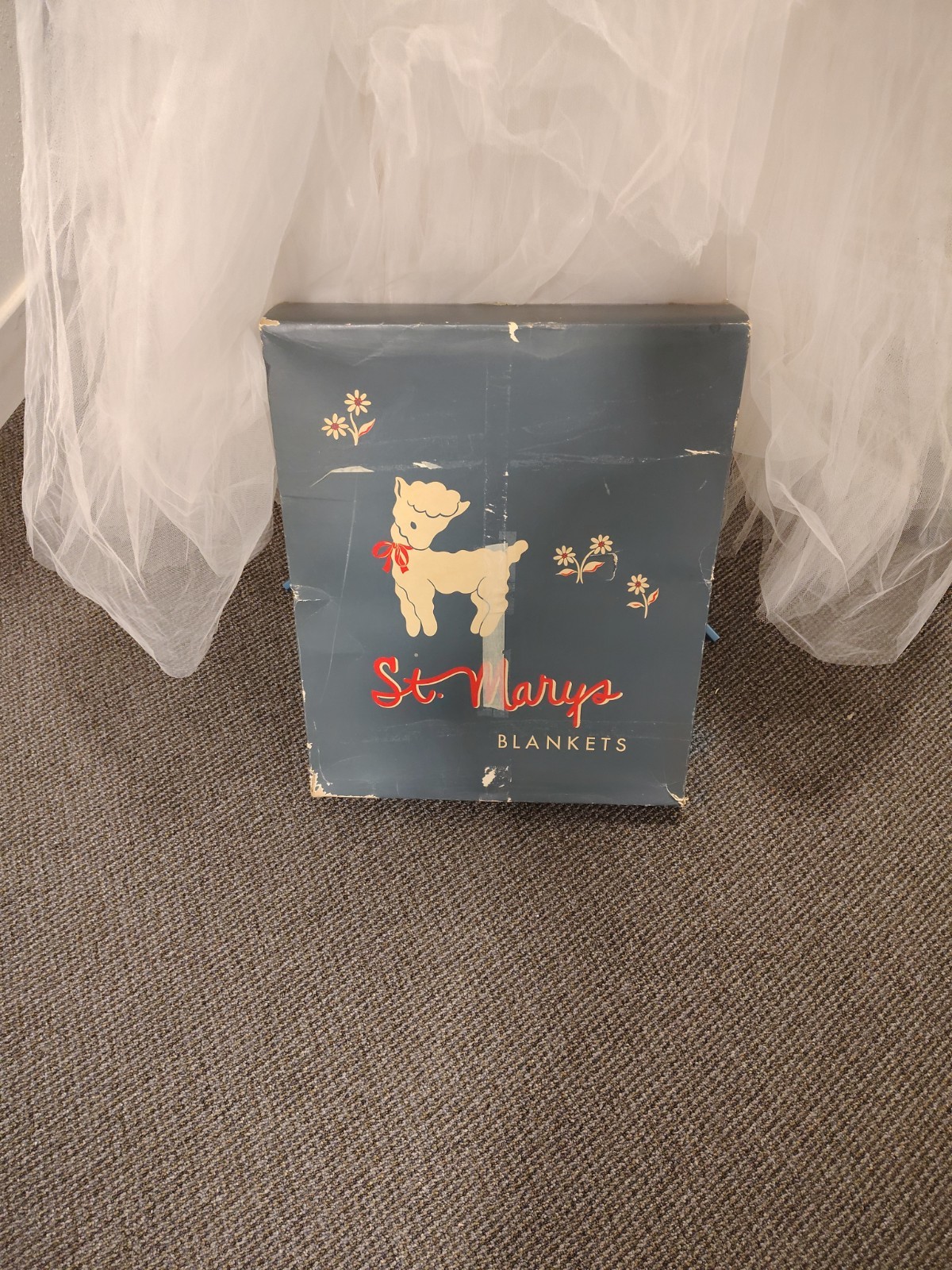 Mid 1950s Woman&rsquo;s Wedding Dress Vintage. With Vintage St Mary&rsquo;s Blanket Box.