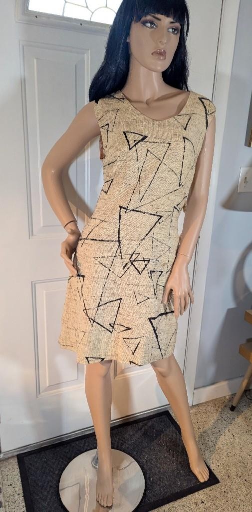 1960s Barkcloth Mini Dress MCM Graphics 38&Prime; Bust Large Volup!