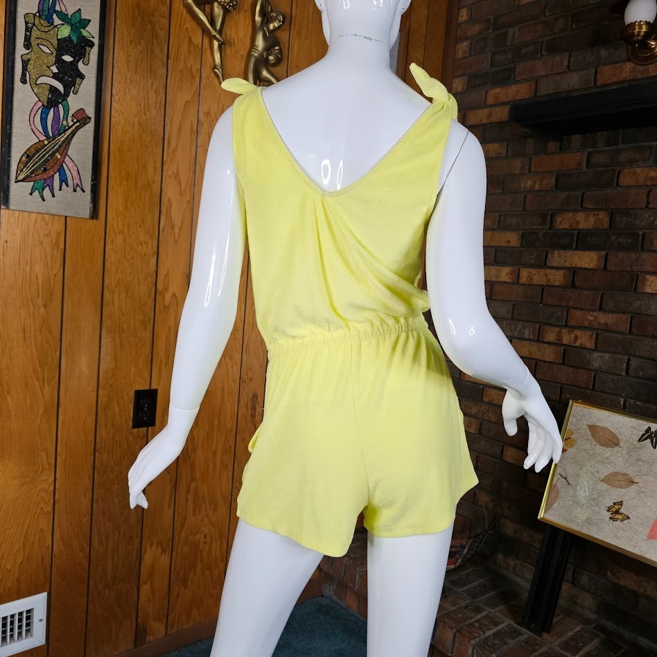 Vintage 80s Playsuit Terry Cloth Bathing Suit Coverup Cheeky Shorts Romper S/M